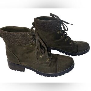 Combat Heel boot Womens US 11 Brown Suede Style Ankle Boots Wool Blend Liner